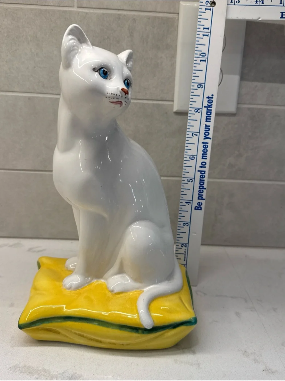 Vintage MCM White Ceramic Cat Figurine on Yellow Pillow - Decorative Pet Accent
